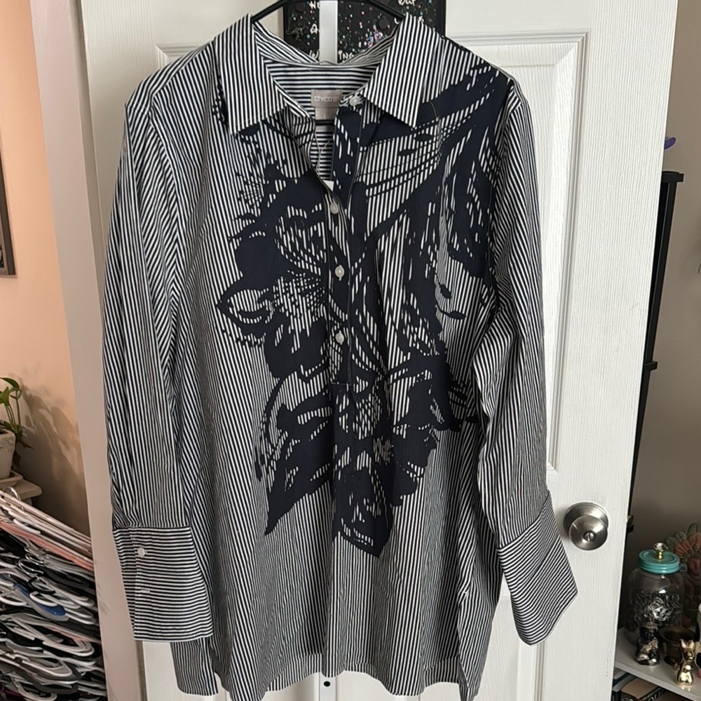 Chico's White and Blue Floral stripe pop over